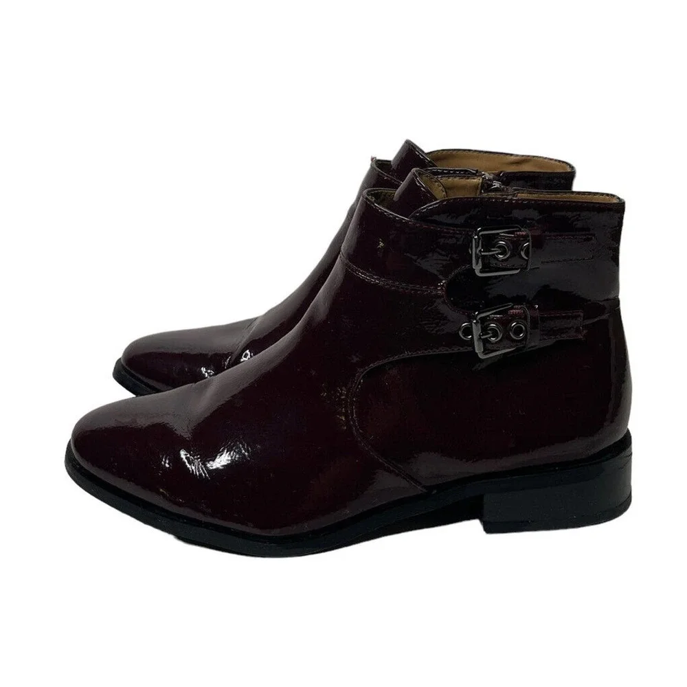 Franco Sarto Riddick Booties Burgundy Plum Patent Leather Side Zip Buckles 8.5 - Picture 5 of 11